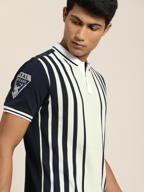 

Moda Rapido Men Navy Blue & Black Striped Polo Collar T-shirt, White
