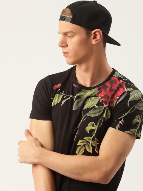 

Moda Rapido Men Black Pure Cotton Floral Print Round Neck Pure Cotton T-shirt