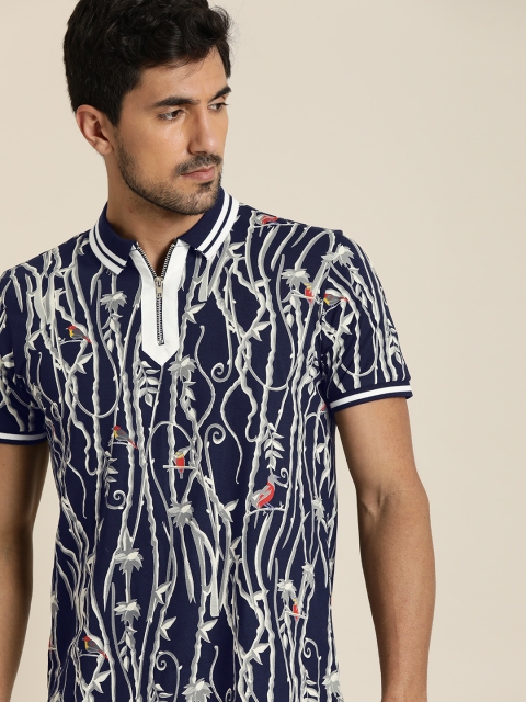 

Moda Rapido Men Navy Blue Grey Printed Polo Collar Pure Cotton T-shirt
