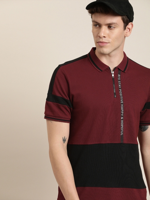

Moda Rapido Men Maroon & Black Colourblocked Cotton Polo Collar T-shirt