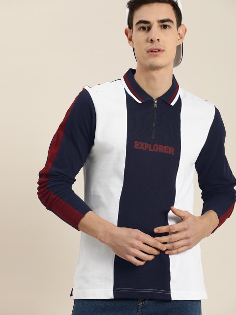 

Moda Rapido Men Navy Blue White Colourblocked Polo Collar Pure Cotton T-shirt