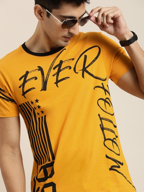 

Moda Rapido Men Mustard Yellow Printed Round Neck Pure Cotton T-shirt