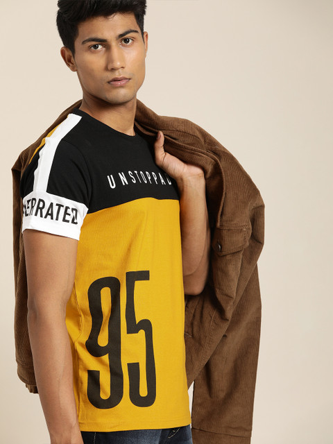 

Moda Rapido Men Mustard Yellow & Black Printed Round Neck T-shirt