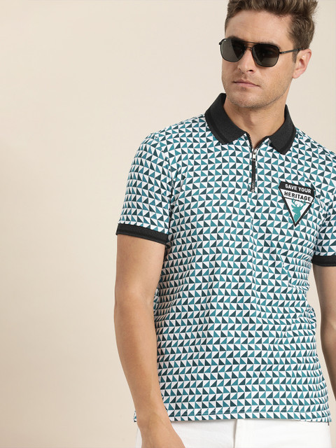 

Moda Rapido Men Teal Printed Polo Collar T-shirt