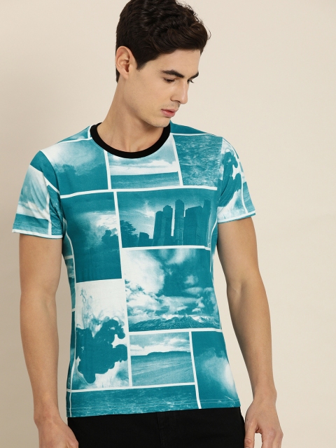 

Moda Rapido Men Teal Blue Printed Round Neck T-shirt