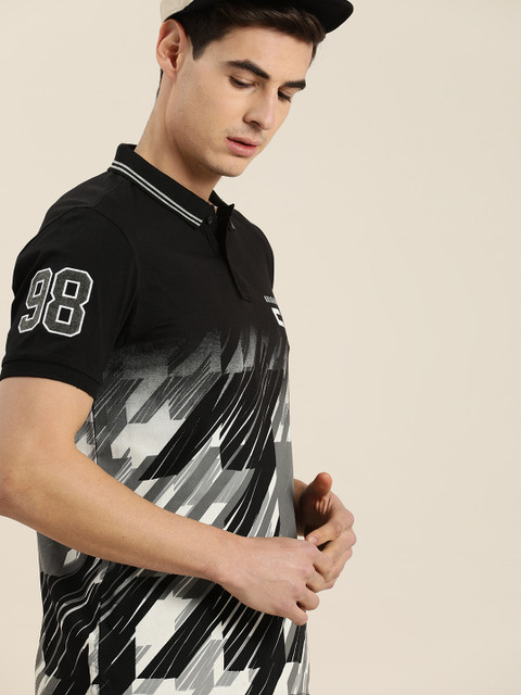 

Moda Rapido Men Black Grey Printed Polo Collar Pure Cotton T-shirt