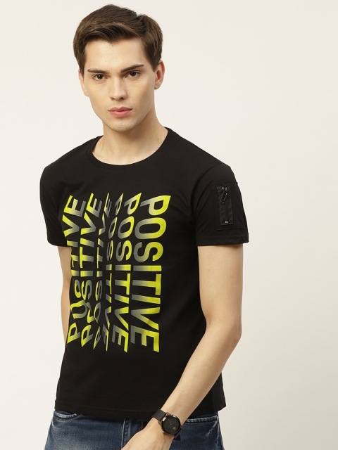 

Moda Rapido Men Black Yellow Typography Printed Pure Cotton T-shirt