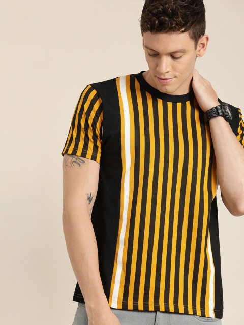 

Moda Rapido Men Mustard Yellow & Black Striped Round Neck Pure Cotton T-shirt