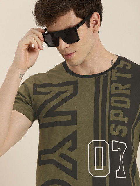 

Moda Rapido Men Olive Green Black Printed Round Neck Pure Cotton T-shirt