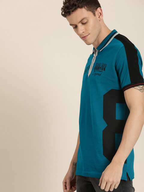 

Moda Rapido Men Teal Blue Varsity Printed Polo Collar Pure Cotton T-shirt