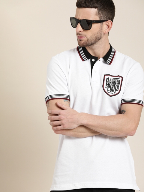 

Moda Rapido Men White Solid Polo Collar Pure Cotton T-shirt with Embroidery