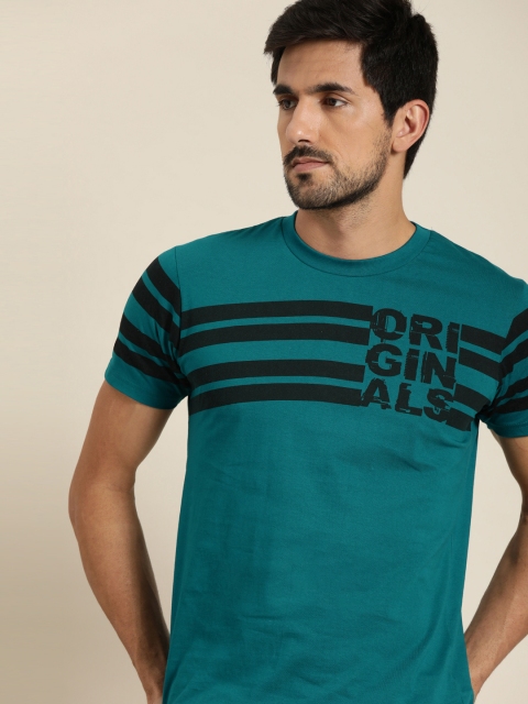

Moda Rapido Men Teal Blue & Black Striped Round Neck T-shirt