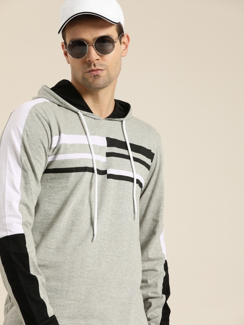 

Moda Rapido Men Grey & Black Striped Hooded Pullover Sweatshirt