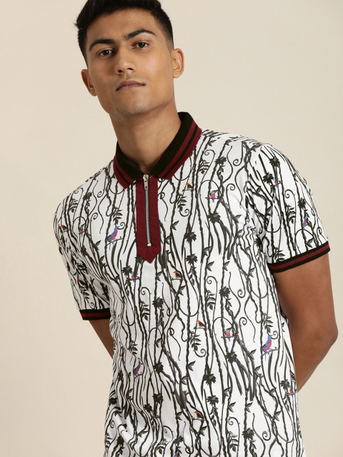 

Moda Rapido Men White Grey Printed Polo Collar Pure Cotton T-shirt