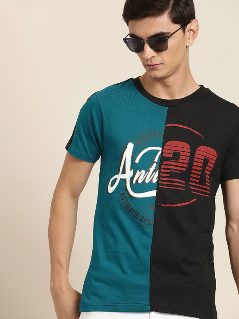 

Moda Rapido Men Teal Blue & Black Colourblocked Round Neck T-shirt With Printed Detailing