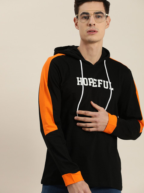 

Moda Rapido Men Black Printed Hood Pure Cotton T-shirt With Side Stripe