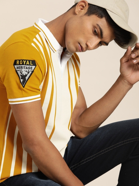 

Moda Rapido Men Mustard Yellow & Off-White Striped Polo Collar T-shirt
