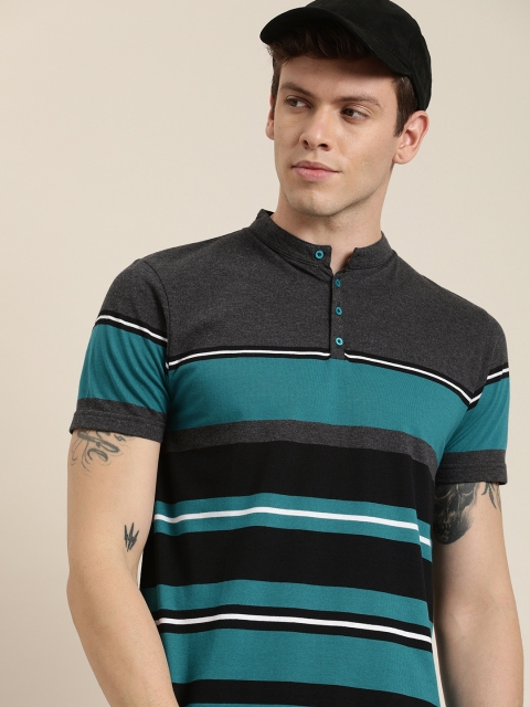 

Moda Rapido Men Teal Blue & Charcoal Black Striped Mini High Neck T-shirt