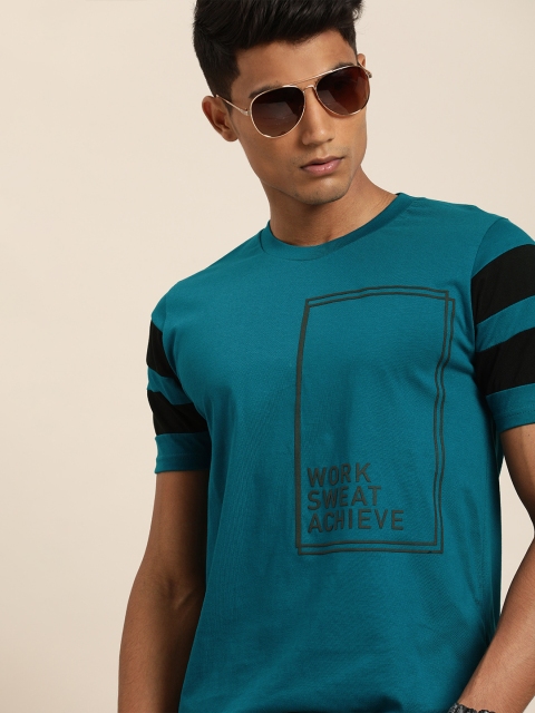 

Moda Rapido Men Teal Blue Printed Round Neck Pure Cotton T-shirt with Striped Sleeve