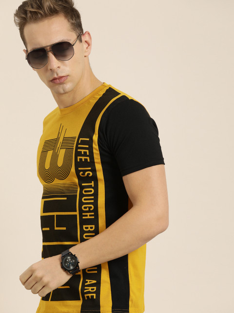 

Moda Rapido Men Mustard Yellow & Black Pure Cotton Typography Printed Round Neck T-shirt