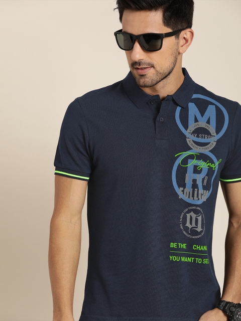 

Moda Rapido Men Navy Blue Printed Polo Collar Pure Cotton T-shirt