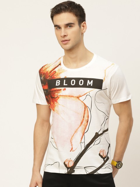 

Moda Rapido Men Off-White Black Printed Round Neck Pure Cotton T-shirt