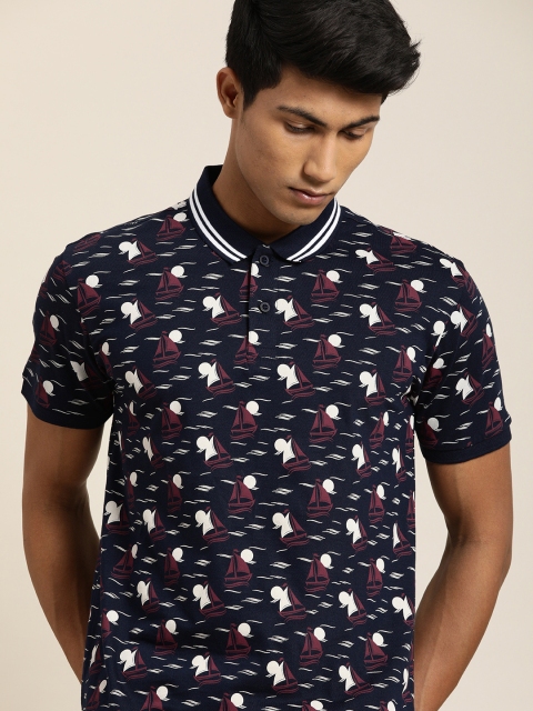 

Moda Rapido Men Navy Blue Brown Printed Polo Collar Pure Cotton T-shirt