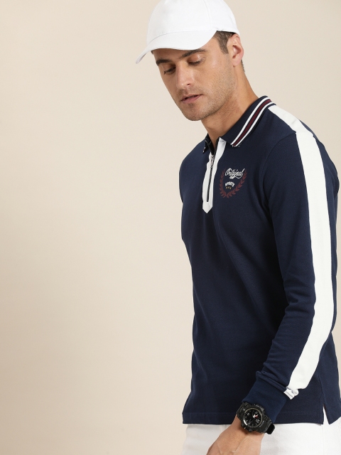 

Moda Rapido Men Navy Blue Solid Polo Collar T-shirt with Side Stripes
