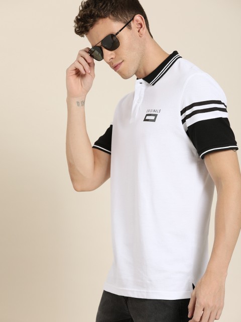 

Moda Rapido Men White Solid Polo Collar T-shirt with Striped Sleeve