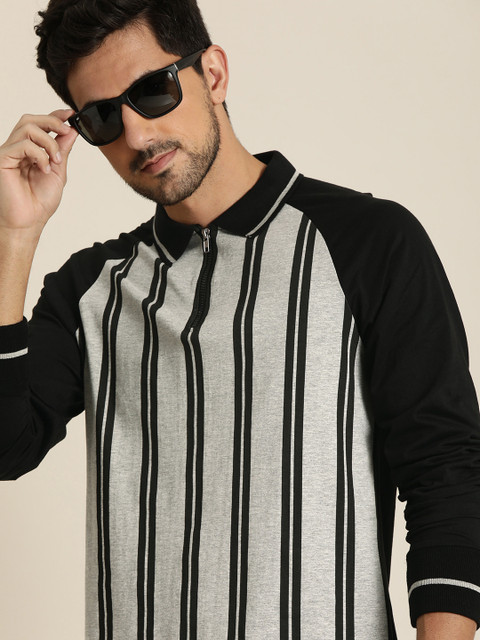 

Moda Rapido Men Black & Grey Melange Striped Polo Collar T-shirt