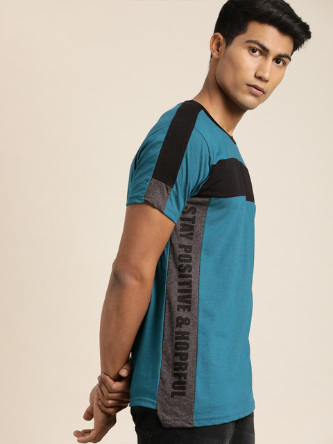 

Moda Rapido Men Teal Blue & Black Colourblocked Pure Cotton Round Neck T-shirt