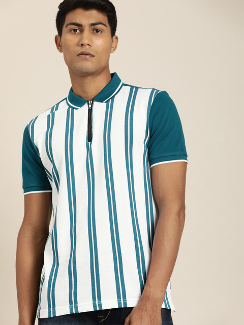 

Moda Rapido Men Teal Blue White Striped Polo Collar Pure Cotton T-shirt