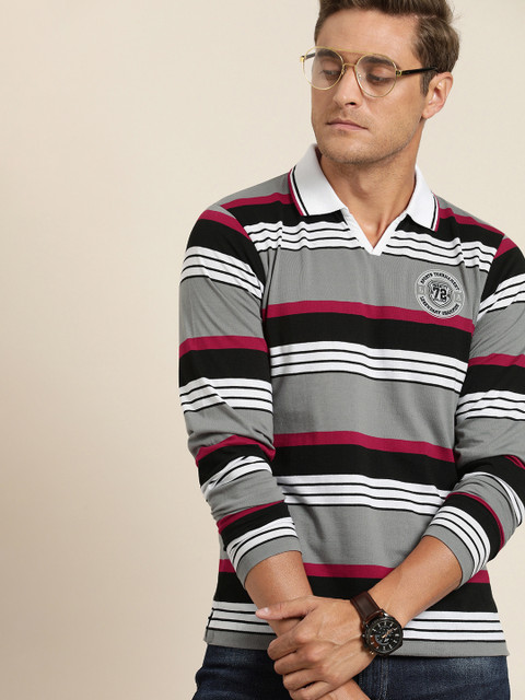 

Moda Rapido Men Grey & Black Striped Polo Collar T-shirt