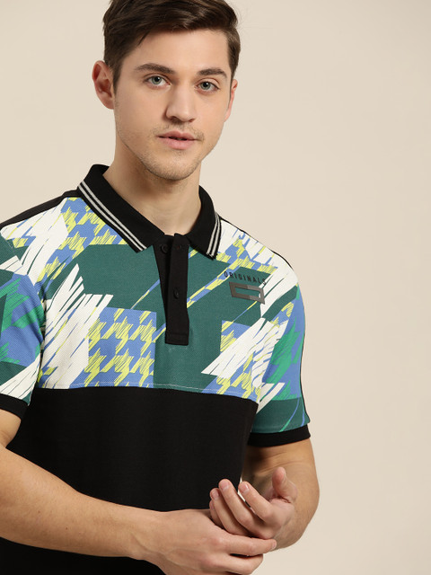 

Moda Rapido Men Black & Green Pure Cotton Geometric Print Polo Collar T-shirt