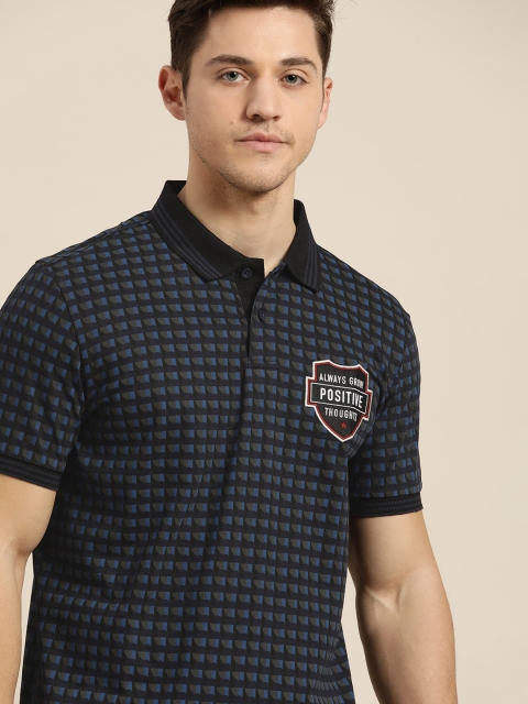 

Moda Rapido Men Navy Blue & Grey Pure Cotton Printed Polo Collar T-shirt