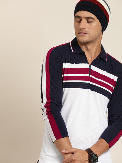 

Moda Rapido Men White & Navy Blue Striped Polo Collar T-shirt