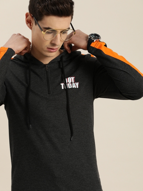 

Moda Rapido Men Charcoal Grey Solid Hood Pure Cotton T-shirt with Side Stripes
