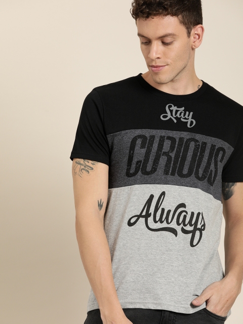 

Moda Rapido Men Black Grey Melange Colourblocked Round Neck Pure Cotton T-shirt