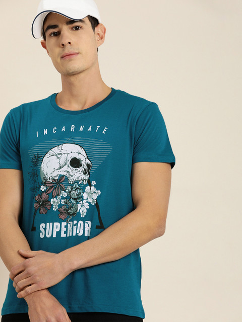 

Moda Rapido Men Teal Blue Printed Round Neck T-shirt
