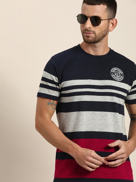 

Moda Rapido Men Navy Blue & Grey Striped Round Neck T-shirt