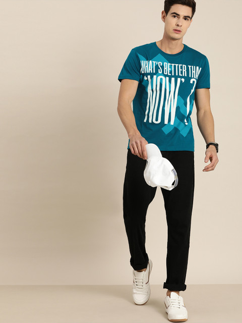 

Moda Rapido Men Teal Blue Printed Round Neck T-shirt