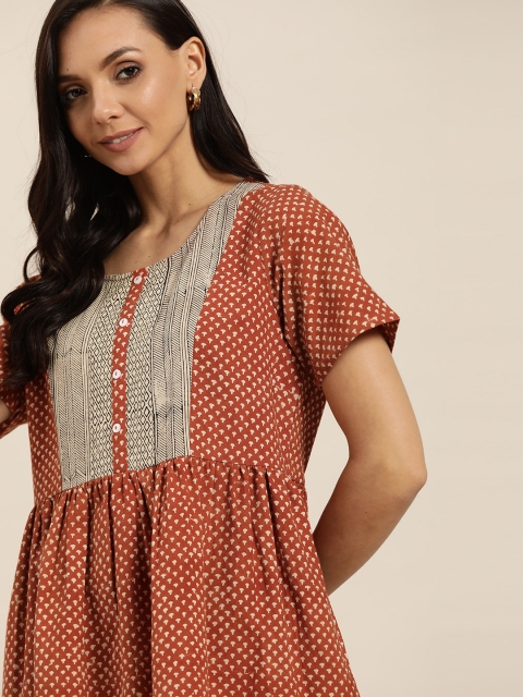 

Taavi Women Rust Red & Beige Bagru Hand Block Print A-Line Dress with Gathers