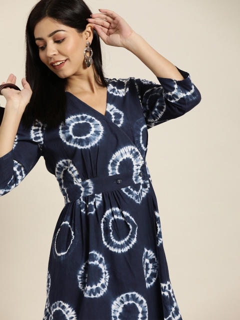 

Taavi Women Navy Blue & White Indigo Hand Block Wrap Dress With Gathers