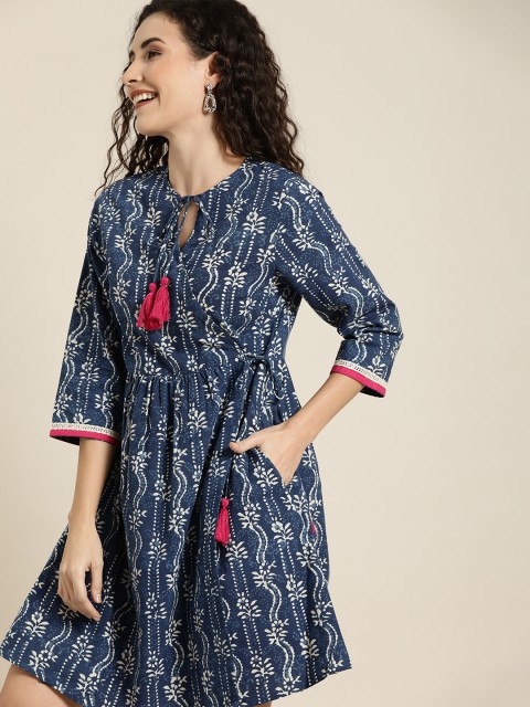 

Taavi Women Navy Blue & Off-White Indigo Hand Block Wrap Dress With Pockets & Tie-ups