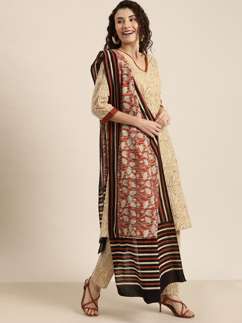 

Taavi Women Beige Bagru Hand Block Printed Kurta with Trousers & Dupatta