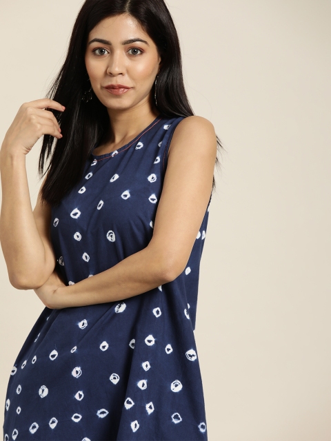 

Taavi Women Navy Blue & White Indigo Hand Block A-Line Kurta With Pockets