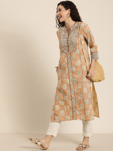 

Taavi Women Beige & Mustard Yellow Bagru Hand Block Print Straight Kurta With Pockets