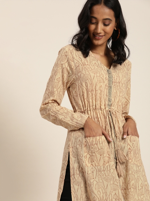 

Taavi Women Beige & Maroon Bagru Hand Block Print Straight Kurta With Waist Tie-Up