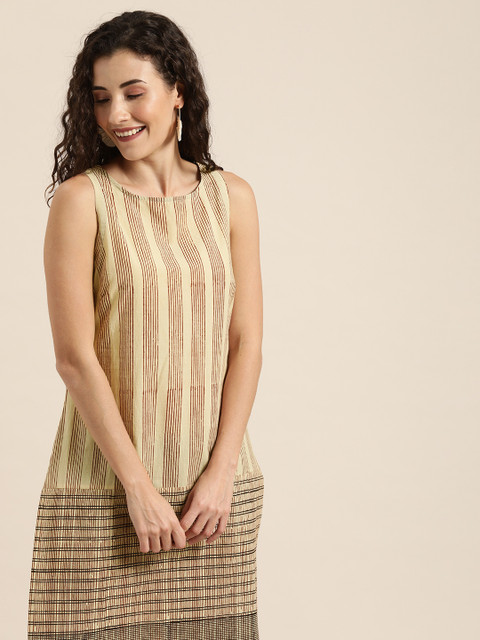 

Taavi Women Beige Bagru Hand Block Striped Top