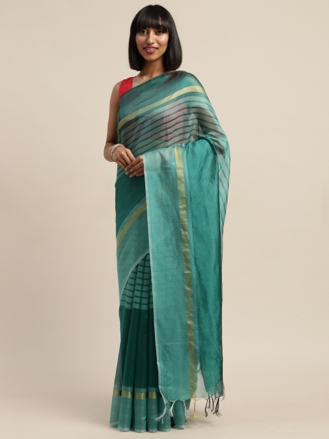 

KALINI Green & Gold-Toned Art Silk Striped Kanjeevaram Saree